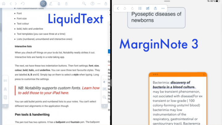 Screenshot of the iPad in split view showing LiquidText on the left side and MarginNote 3 on the right side of the screen