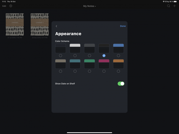 The dark mode theme in Noteshelf 2 on iPadOS