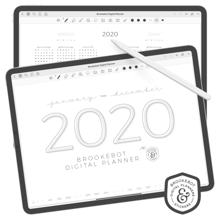 iPad Pros with Apple Pencil showing Brookebot's digital planners for 2020 opened on their screens