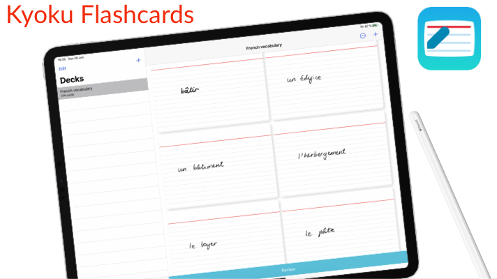 iPad pro showing Kyoku Flashcards with a deck of cards with French words