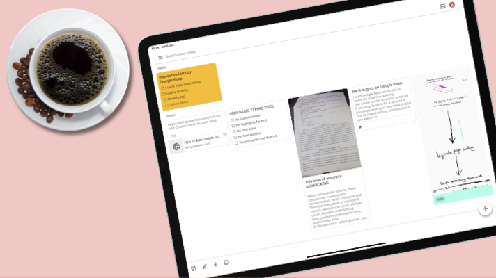 iPad pro showing Google Keep with a cup of black coffee on the table, showing the ultimate minimalist setup for digital productivity