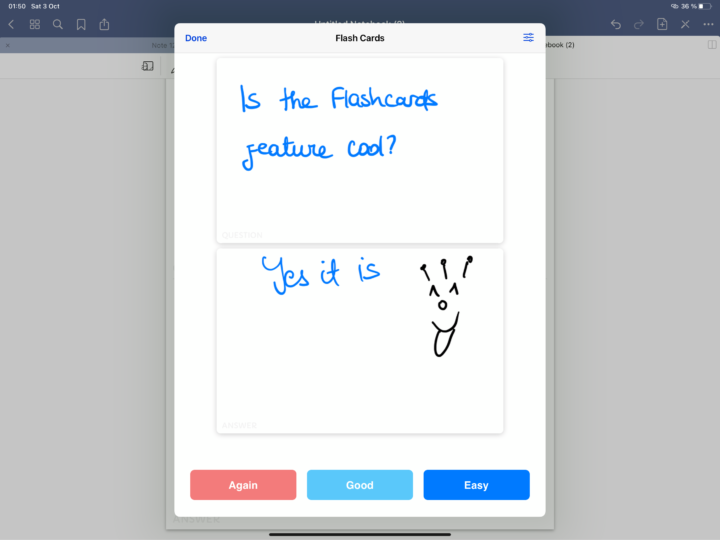 Screenshot of the iPad pro screen showing a flashcard in GoodNotes 5