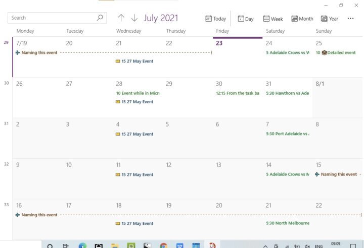 Screenshot of the monthly view in Microsoft Calendar (Calendar app for Windows)