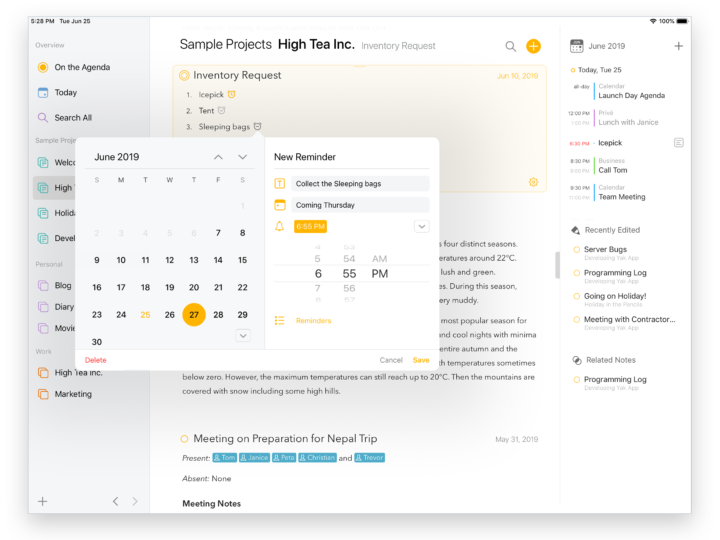 Agenda For The iPad (2021): Best app for meeting notes Get Things Done Screenshot showing how to create a reminder in Agenda.