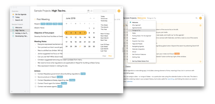 Screenshot of Agenda for the Mac, displaying a calendar and notes outline