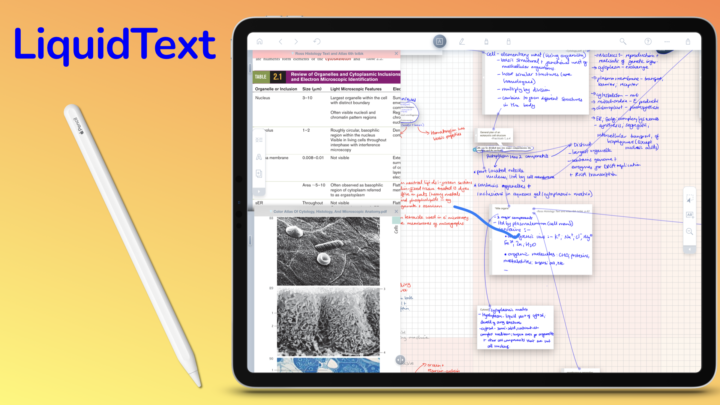iPad showing study notes in LiquidText, with an Apple Pencil on the left