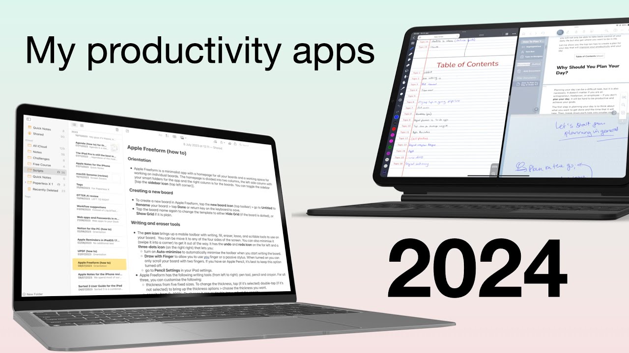 Image shows a laptop (on the left) with my typed notes and an iPad (right) with some notes in Noteful and LiquidText (productivity apps)