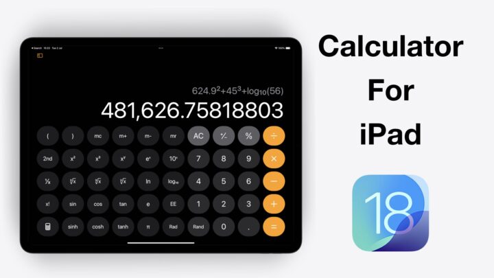 iPad showing the scientific calculator in the new calculator app.