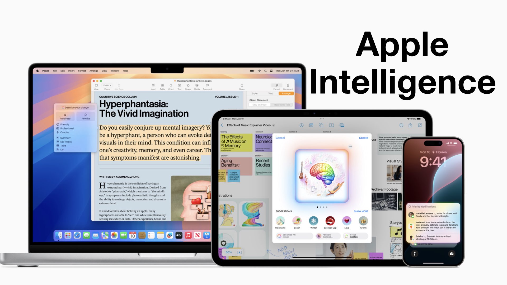 Images showing Apple Intelligence features on the MacBook, iPad and iPhone.