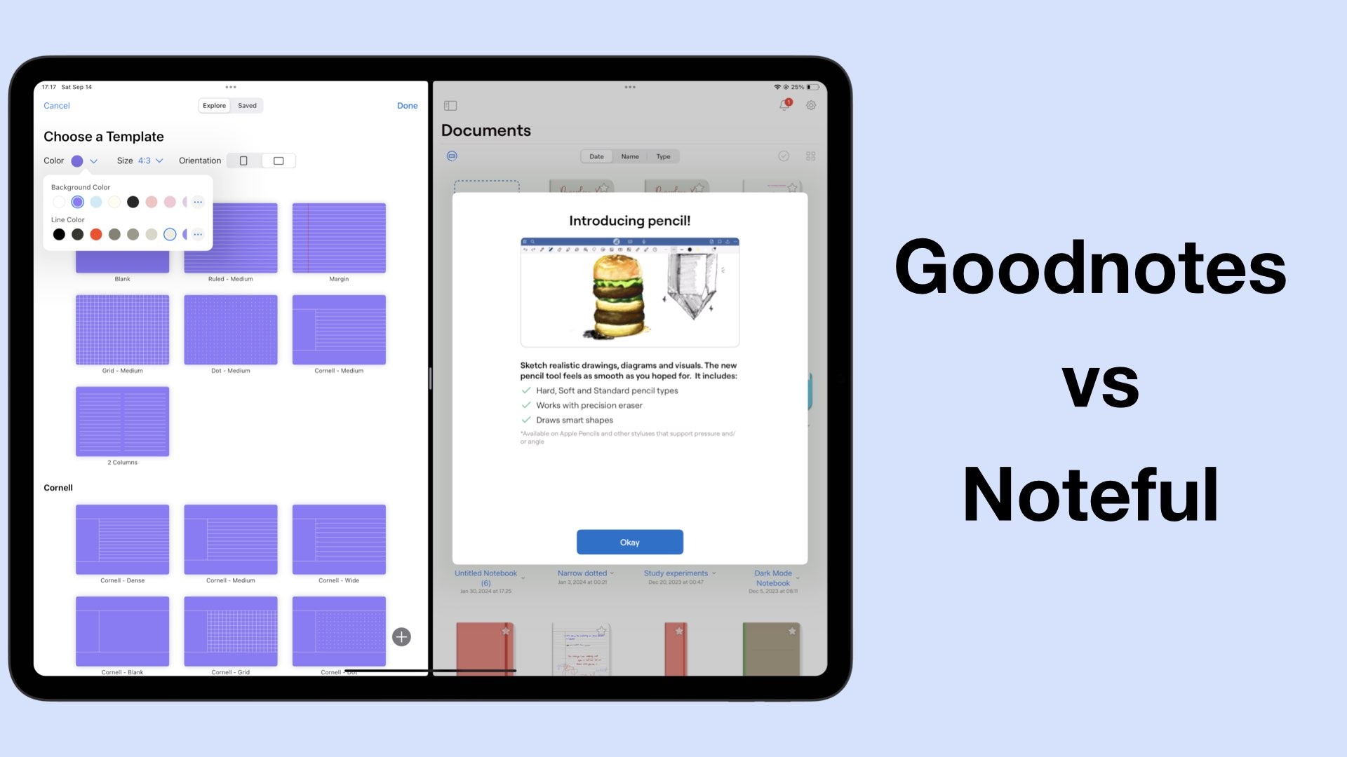 iPad Pro in split view with Noteful on the left, and Goodnotes on the right to compare them side-by-side.