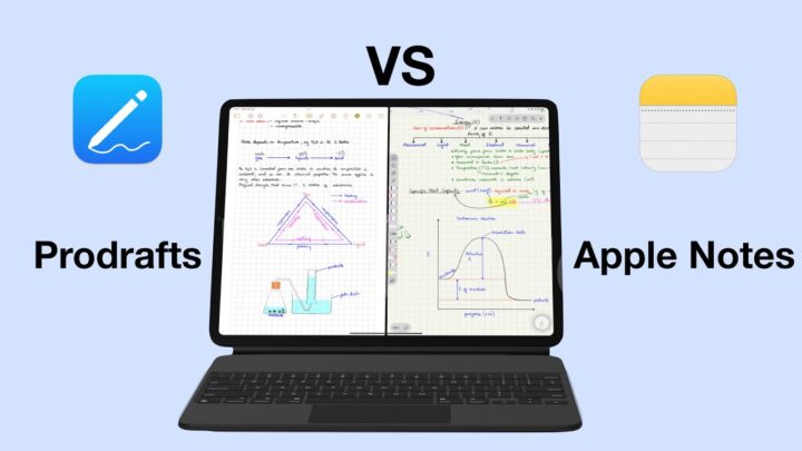iPad Pro in split view, showing notes in Prodrafts (left) and Apple Notes (right).