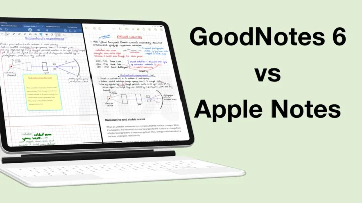 iPad in split view showing some notes in Goodnotes (left split) and Apple Notes (right split).